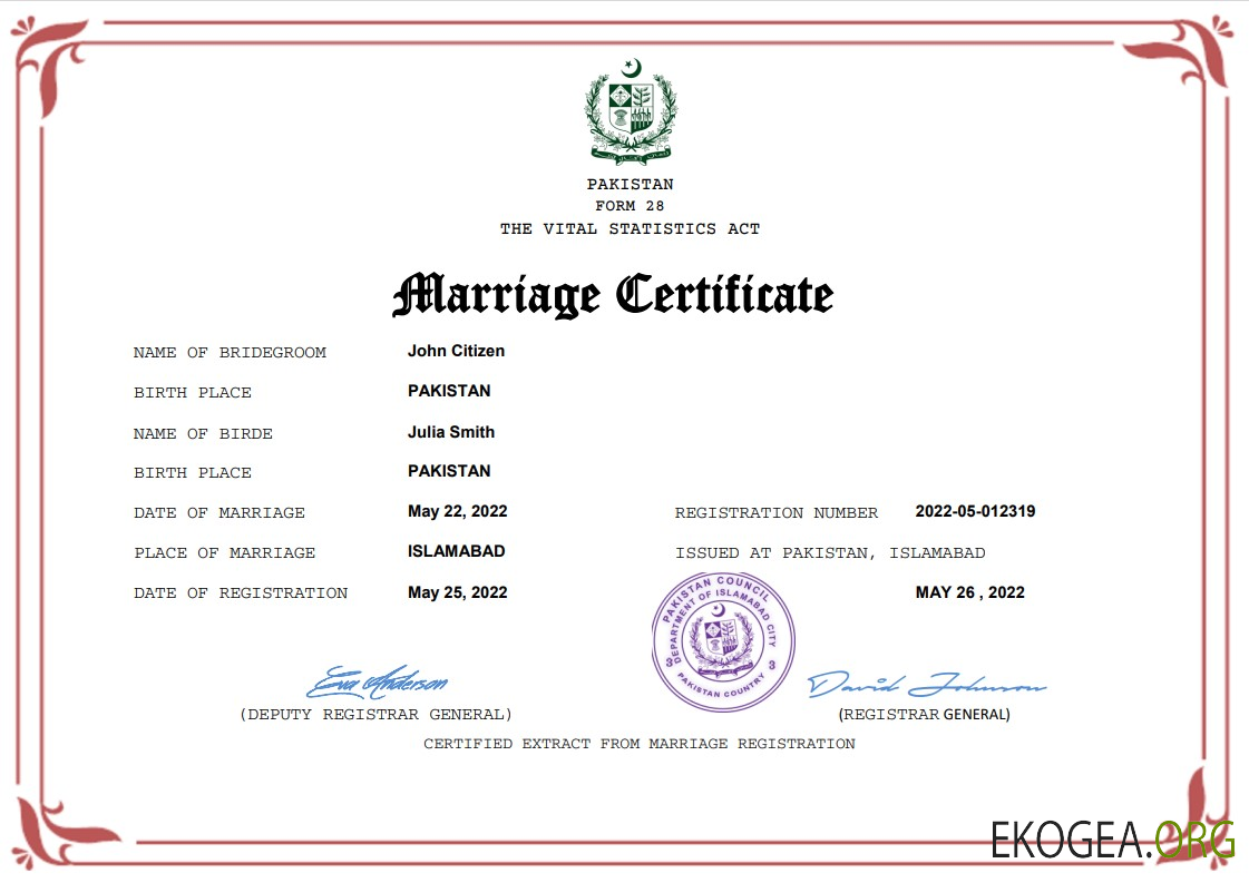Modèle Word et PDF de certificat de mariage au Pakistan